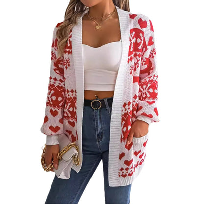 2025 Christmas Clothes Women's Open Front Cardigan Knitwear Lantern Sleeve Xmas Printed Oversized Deer Sweater Pockets Knitted
