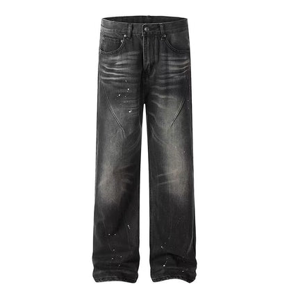 New American-style Retro High-street Black Tie-dye Straight-leg Jeans