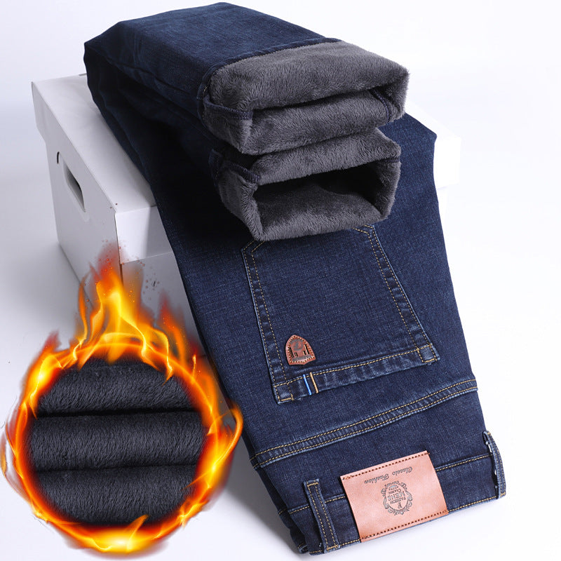 Autumn And Winter Fleece-lined Jeans For Men, Loose Straight Leg