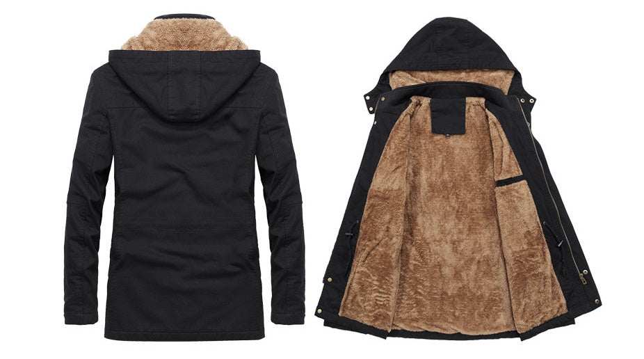 Men's thickened cotton-blend winter jacket with stand-up collar and zip closure for cold weather warmth and casual style