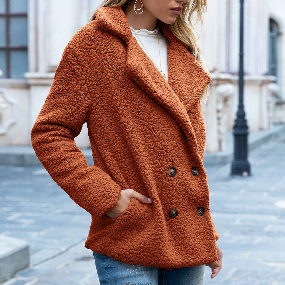 woman wearing loose lapel fluffy coat winter button jacket cardigan outwear