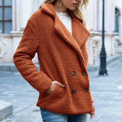 woman wearing loose lapel fluffy coat winter button jacket cardigan outwear