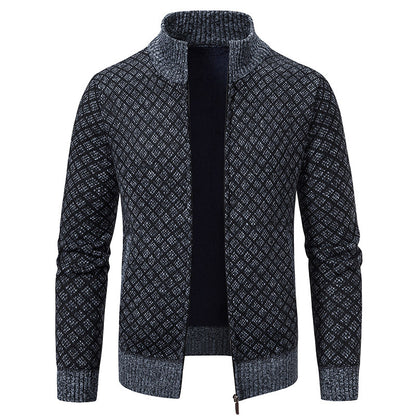 Thickened Plaid Print Jacket Cardigan Fashion Slim Fit Zipper Stand Collar Sweater Winter Men's Casual Long Sleeve Knitted Top Clothing