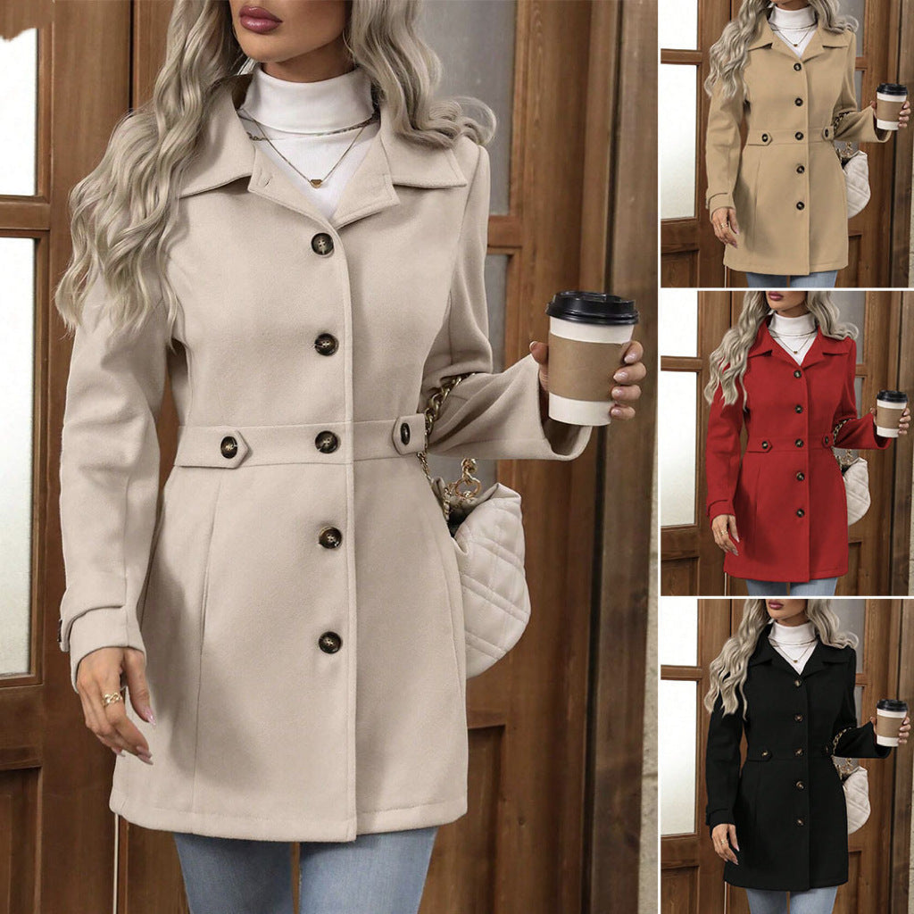 Elegant single-breasted woolen coat with buttons and lapel in medium length for women