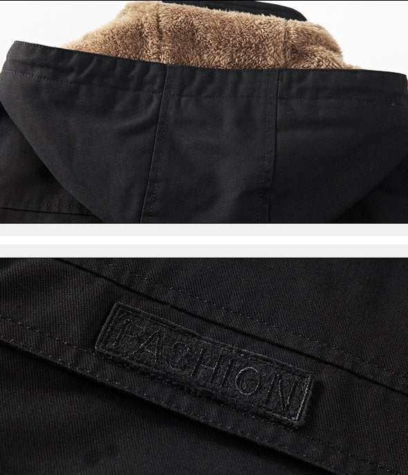 Men's winter jacket with thickened insulation, stand-up collar, and loose fit for warmth and comfort in cold weather.