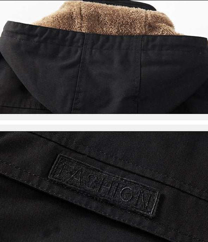 Men's winter jacket with thickened insulation, stand-up collar, and loose fit for warmth and comfort in cold weather.