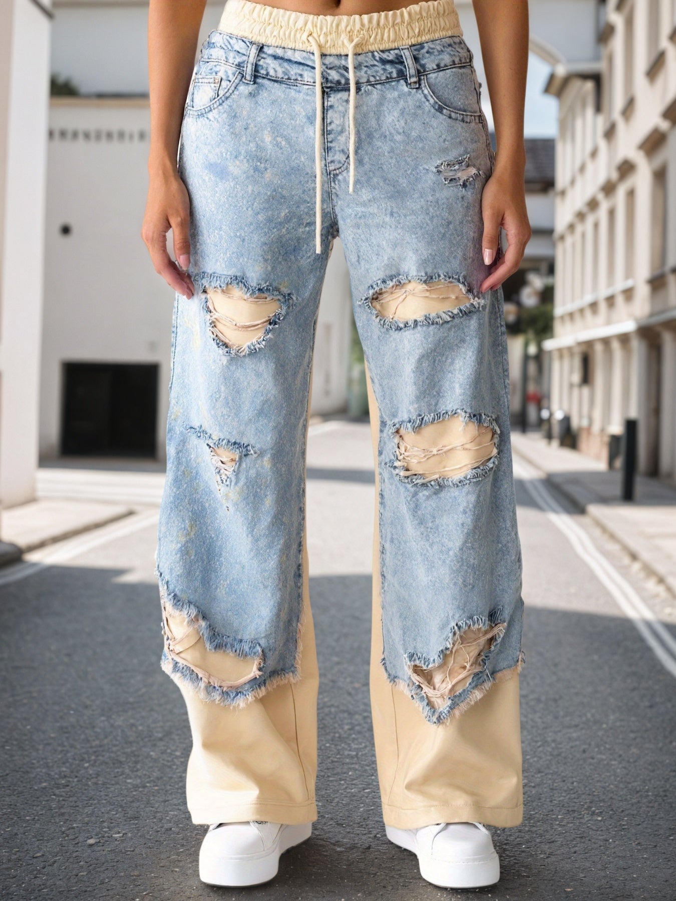 New Fashionable Women's Street Style Stitching Pants, Trendy Ins-worthy Beggar Style Ripped Jeans, Suitable For All Seasons