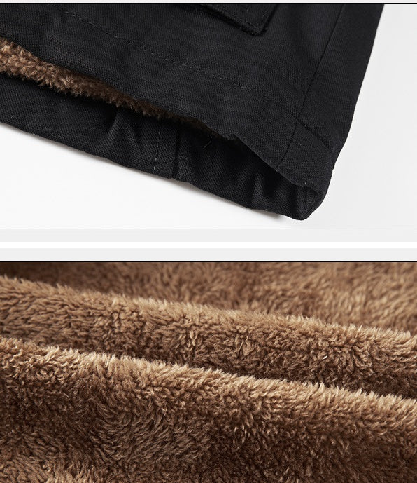 Men's winter jacket with thickened insulation, stand-up collar, zipper closure, loose fit, and cotton-blend fabric for warmth and comfort.