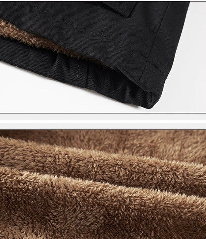 Men's winter jacket with thickened insulation, stand-up collar, zipper closure, loose fit, and cotton-blend fabric for warmth and comfort.