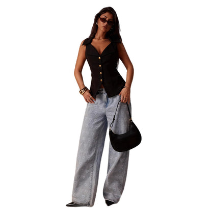 Womens Blue Straight Jeans With A Sweet Rhinestone Design