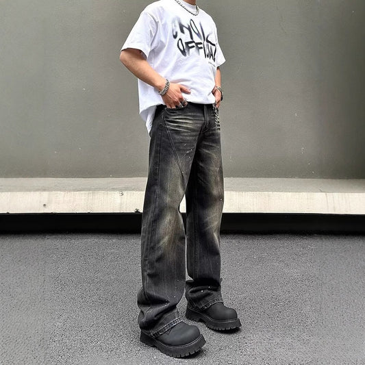 New American-style Retro High-street Black Tie-dye Straight-leg Jeans