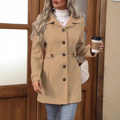 Elegant single-breasted woolen coat with buttons and lapel, mid-length commuter jacket for women