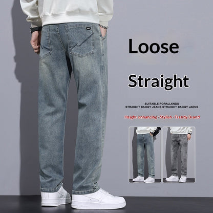 Mens Straight-Leg Loose-Fit Street-Style Wide-Leg Denim Jeans