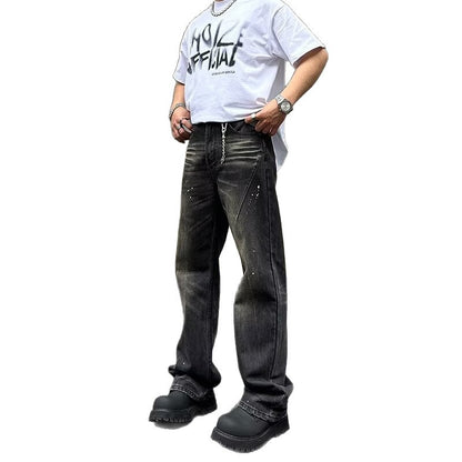 New American-style Retro High-street Black Tie-dye Straight-leg Jeans