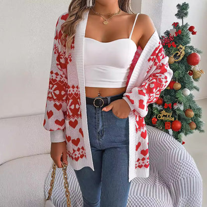 2025 Christmas Clothes Women's Open Front Cardigan Knitwear Lantern Sleeve Xmas Printed Oversized Deer Sweater Pockets Knitted