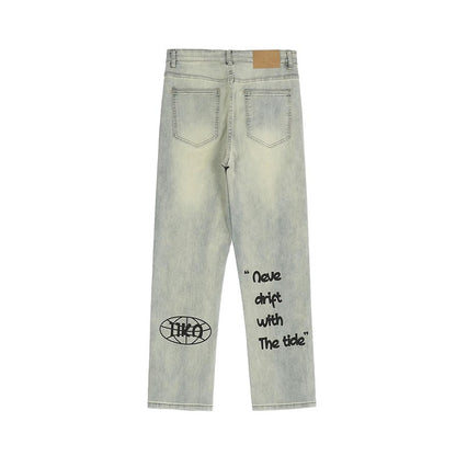 American Vintage Washed Distressed Yellow Mud Dye Letter Print Jeans