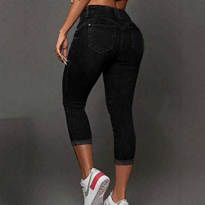 Womens Solid-Color High-Waist Bootcut Waist-Cinching Denim Jeans