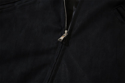 PU Leather Polo Collar Jacket Men