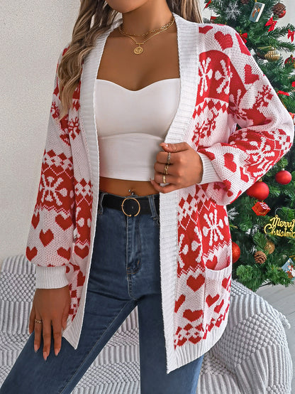 2025 Christmas Clothes Women's Open Front Cardigan Knitwear Lantern Sleeve Xmas Printed Oversized Deer Sweater Pockets Knitted