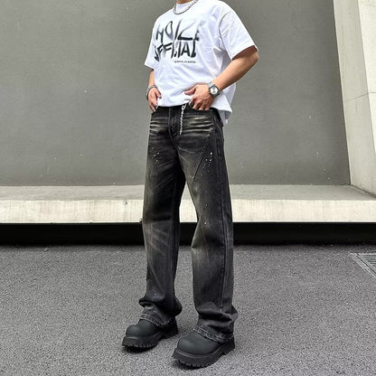 New American-style Retro High-street Black Tie-dye Straight-leg Jeans