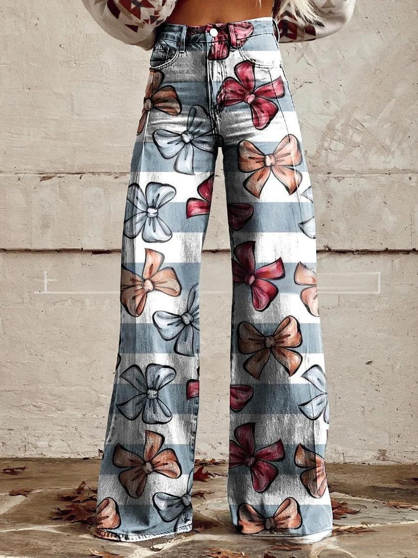 3D-printed Retro Sunflower Guitar Art-style Womens Wide-leg Flared Denim Jeans