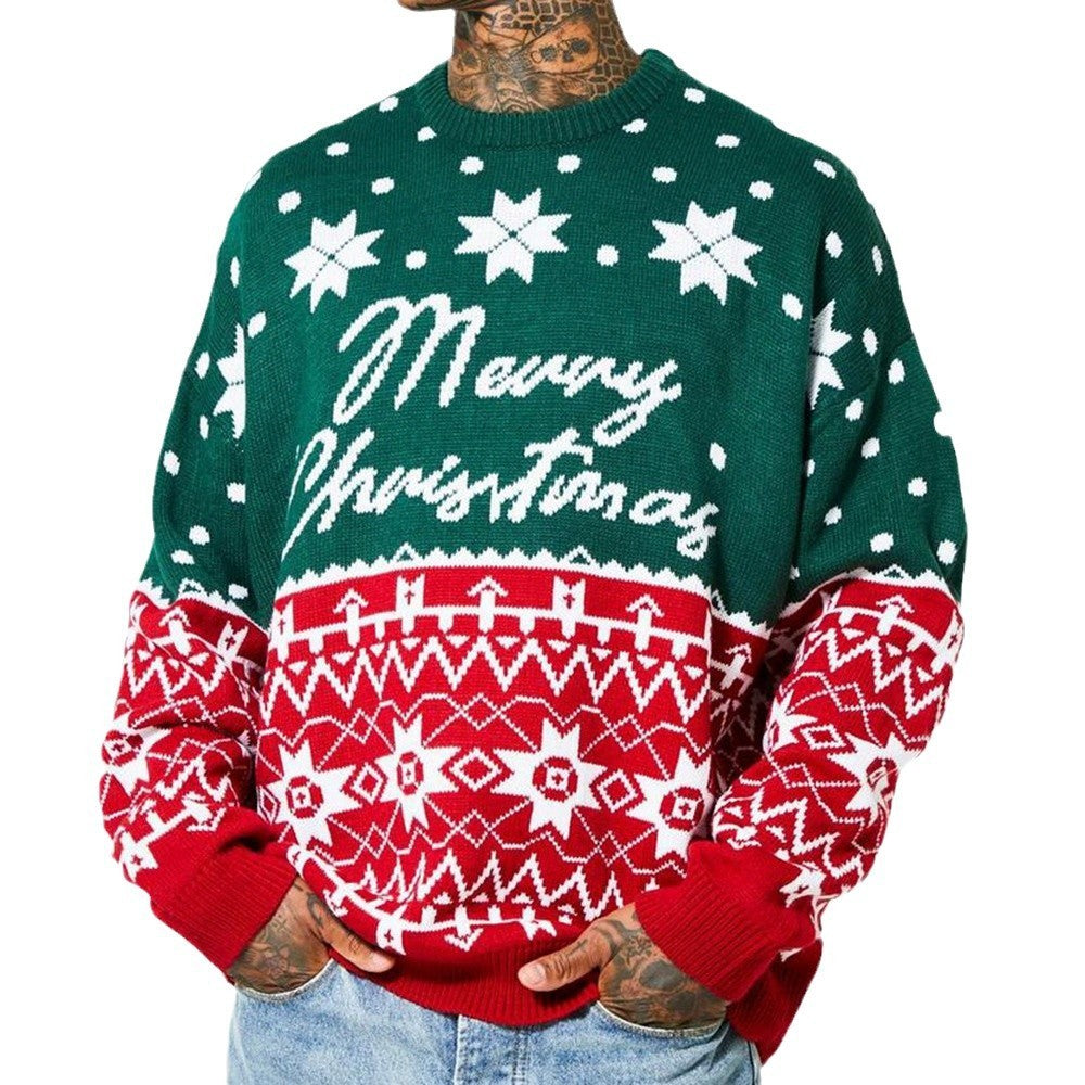Men's New Fashion Knitted Jacquard Loose Round Ned Christmasck Pullover Sweater For Autumn And Winter An