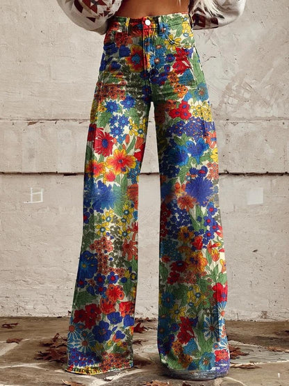 3D-printed Retro Sunflower Guitar Art-style Womens Wide-leg Flared Denim Jeans