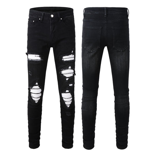 Street-style Mens Ripped Corduroy Patch Denim Jeans