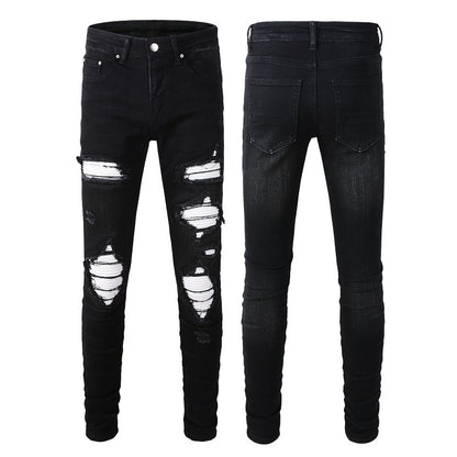 Street-style Mens Ripped Corduroy Patch Denim Jeans