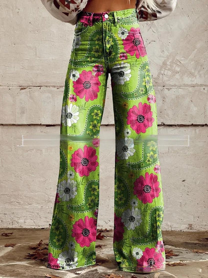 3D-printed Retro Sunflower Guitar Art-style Womens Wide-leg Flared Denim Jeans