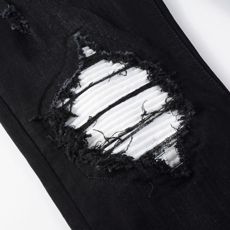 Street-style Mens Ripped Corduroy Patch Denim Jeans