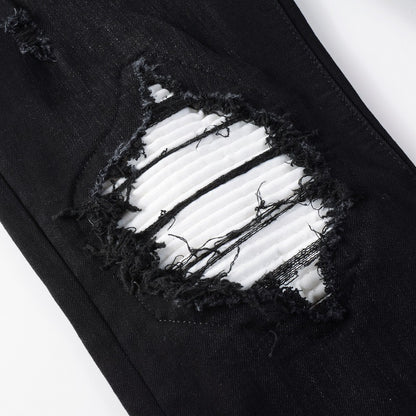 Street-style Mens Ripped Corduroy Patch Denim Jeans