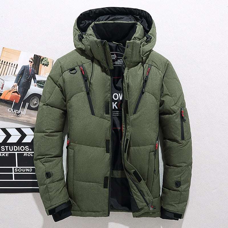 Men's casual fit type winter coat with zipper and cotton filling, thick and non-hooded cardigan style.