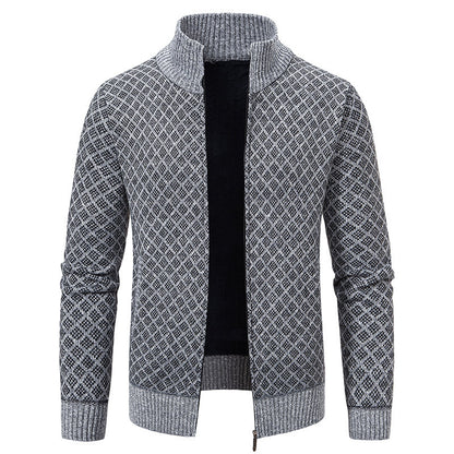 Thickened Plaid Print Jacket Cardigan Fashion Slim Fit Zipper Stand Collar Sweater Winter Men's Casual Long Sleeve Knitted Top Clothing