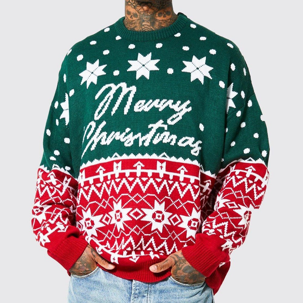 Men's New Fashion Knitted Jacquard Loose Round Ned Christmasck Pullover Sweater For Autumn And Winter An