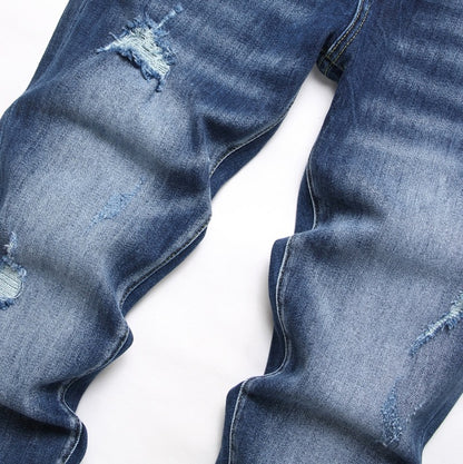 Fashionable Trendy Mens Slim-fit Denim Jeans With A Distressed Holey Design
