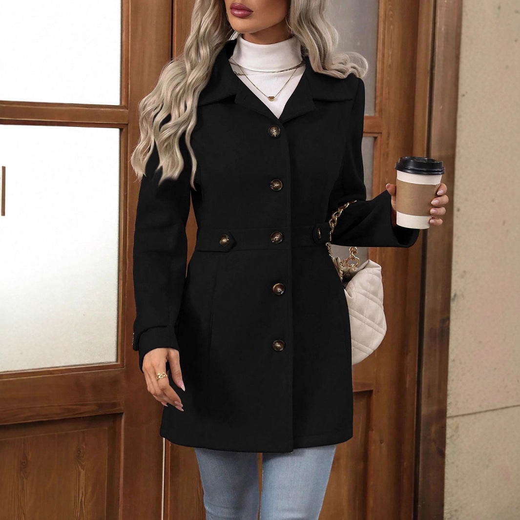 Elegant single-breasted woolen coat with buttons and lapel, mid-length jacket for women in multiple colors