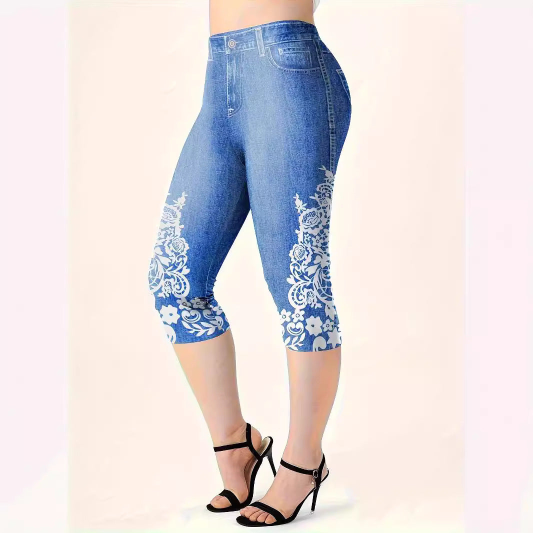 Womens Cowboy-Print Knitted Mid-Waist Casual Leggings