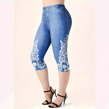 Womens Cowboy-Print Knitted Mid-Waist Casual Leggings
