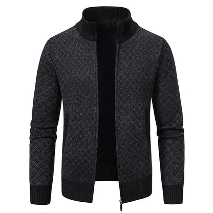 Thickened Plaid Print Jacket Cardigan Fashion Slim Fit Zipper Stand Collar Sweater Winter Men's Casual Long Sleeve Knitted Top Clothing
