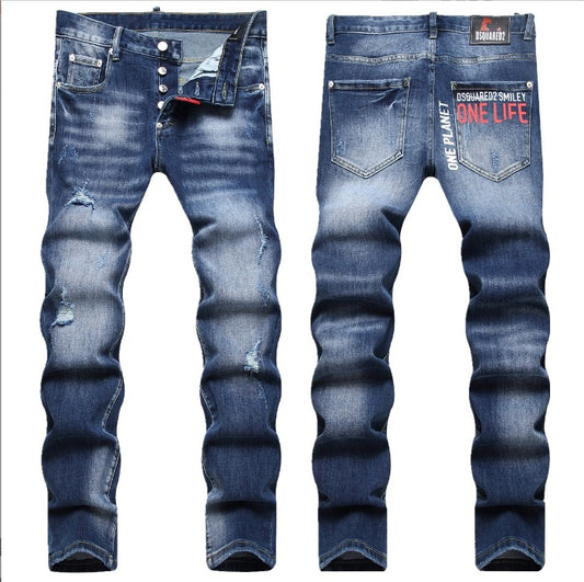 Fashionable Trendy Mens Slim-fit Denim Jeans With A Distressed Holey Design