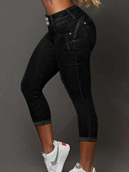 Womens Solid-Color High-Waist Bootcut Waist-Cinching Denim Jeans