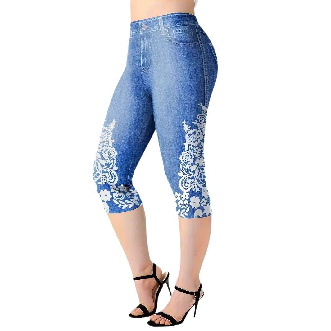 Womens Cowboy-Print Knitted Mid-Waist Casual Leggings