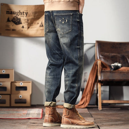 Retro Mens Loose-fit Plus-size Wide-leg Casual Denim Jeans