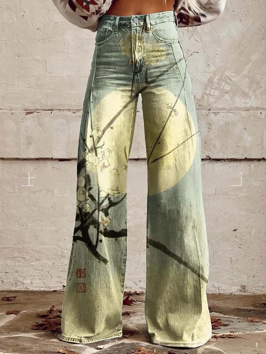 3D-printed Retro Sunflower Guitar Art-style Womens Wide-leg Flared Denim Jeans