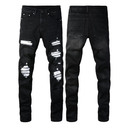 Street-style Mens Ripped Corduroy Patch Denim Jeans