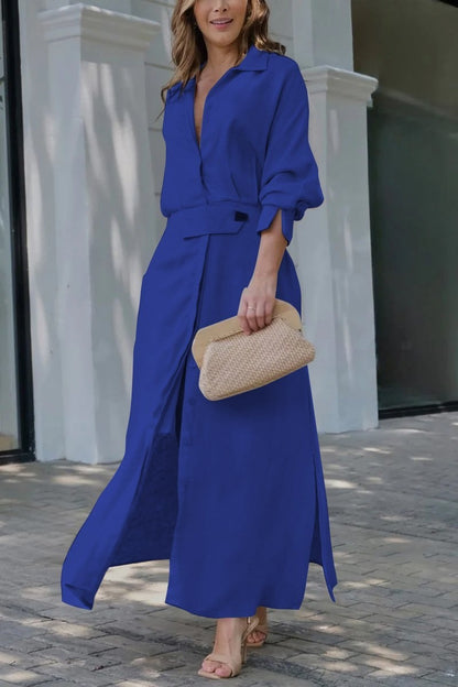 Women's Elegant Tied Solid Color Waisted Long-sleeved Shirt Dress