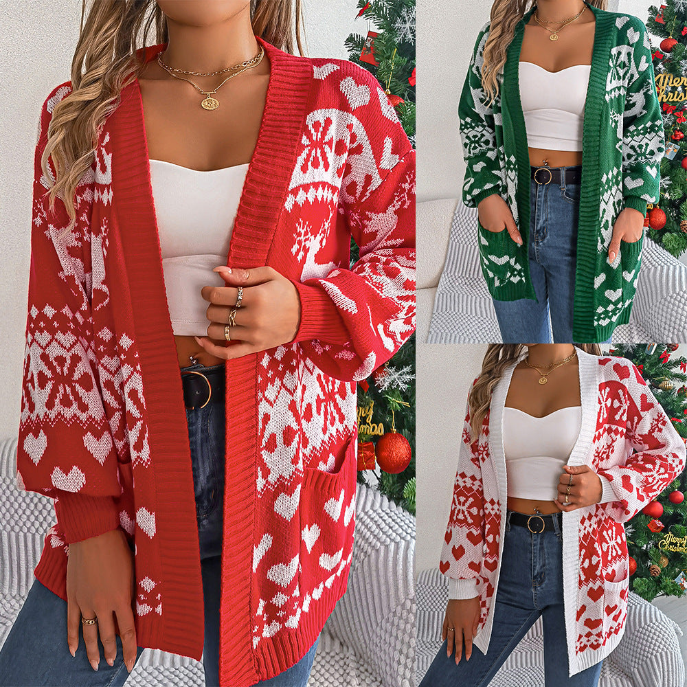 2025 Christmas Clothes Women's Open Front Cardigan Knitwear Lantern Sleeve Xmas Printed Oversized Deer Sweater Pockets Knitted