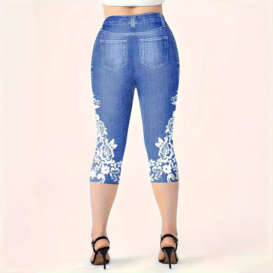Womens Cowboy-Print Knitted Mid-Waist Casual Leggings